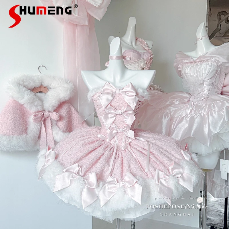 

Winter Plush Warm Pink Lolita Princess Dress Cape Set Christmas Party New Year Sweet Dress Girls Women's Slim Ball Gown Dress