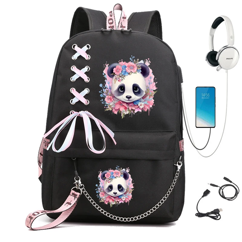 Nuove borse zaino moda femminile Lady Cute Flower Panda zaino ricarica Usb borse da scuola per College borse da scuola per Laptop per adolescenti