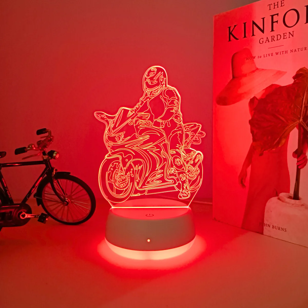 

1pc creative motorcycle youth styling colorful 3D night light, USB powered luminous base, touch seven color transformation.