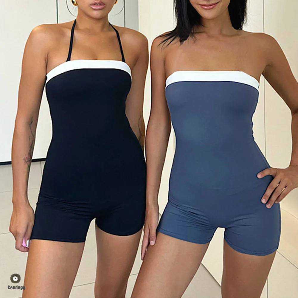 2024 Non-Slip Insert Nylon Pad Halter Tube Yoga Set One Piece Jumpsuit Shorts Romper Leotard Women Sport Bodysuit Outfit Suits