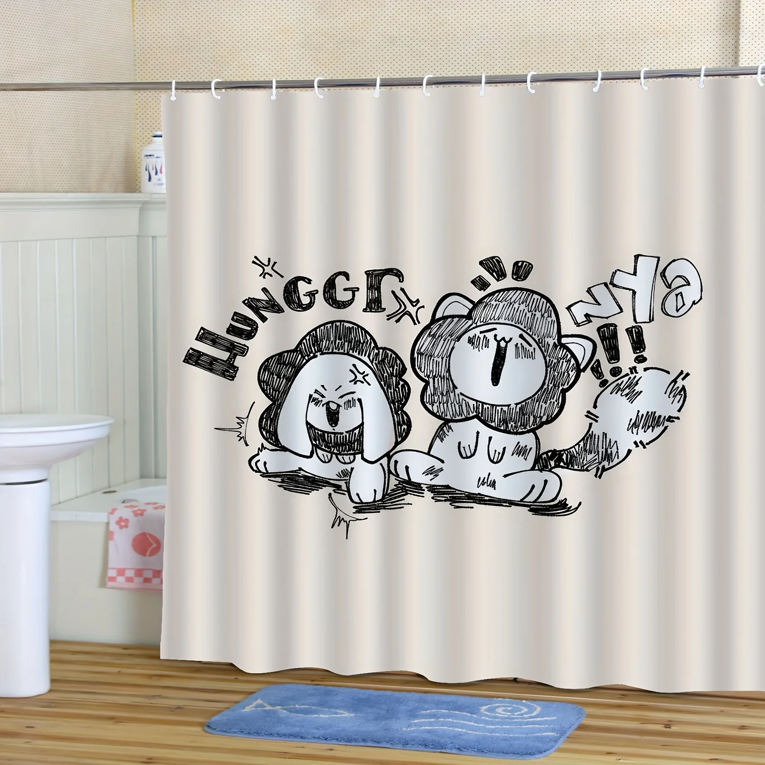 

Cartoon Lion & Dog Shower Curtain, Polyester Knit, Machine Washable, Includes Hooks, Artistic Bathroom Decor, All-Season