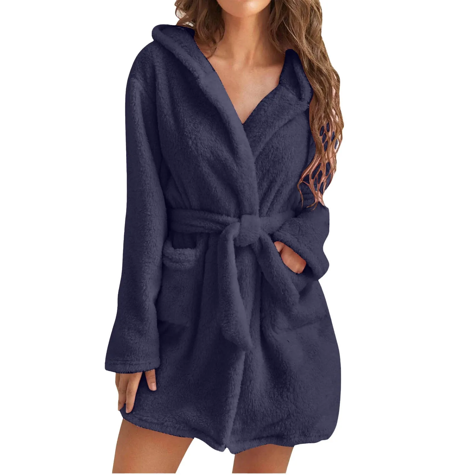 Women Hooded Fleece Bathrobe Lightweight Soft Plush Short Flannel Sleepwear Waist Lace Up Plush Soft Comfortable Long Robe