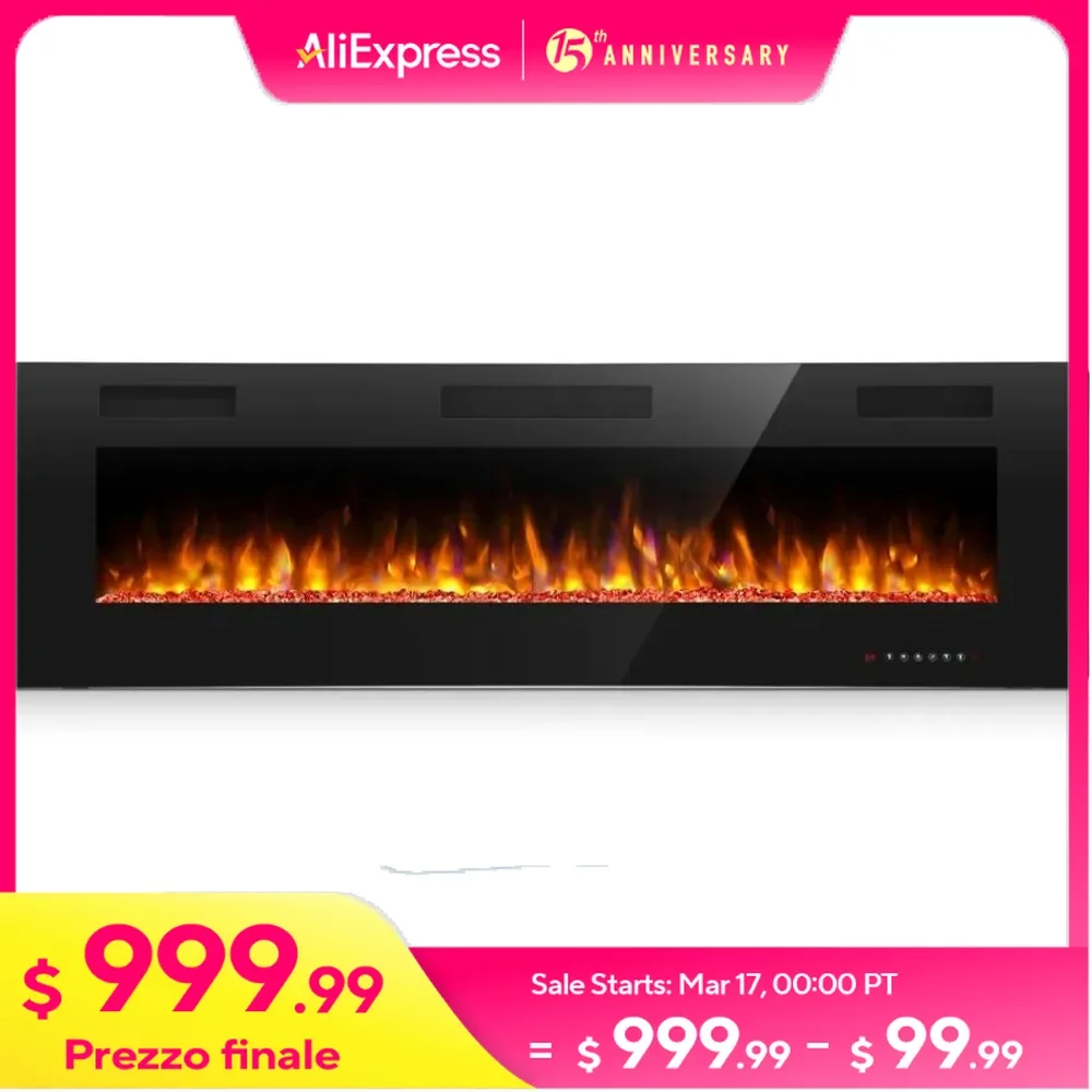 60 Inch Electric Fireplace in-Wall Recessed and Wall Mounted,  with Multicolor Flame, Timer, 750/1500W Control by Touch Panel