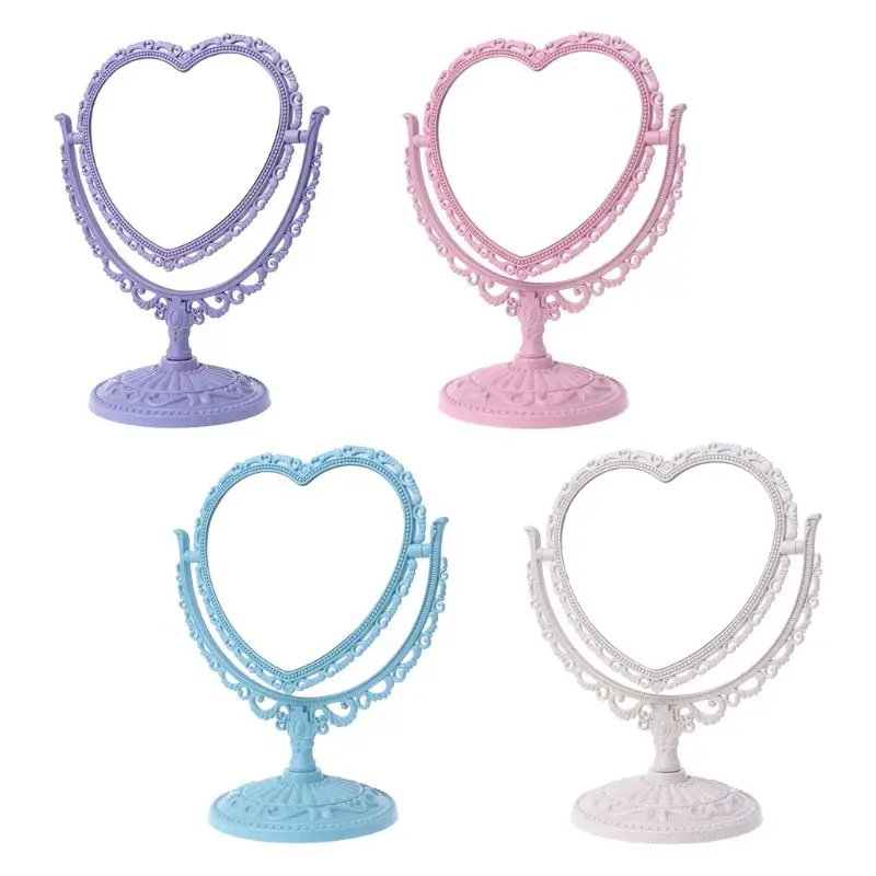 CX130 2Sides Heart-shaped Makeup Mirror Rotatable Stand Table Compact Mirror Dresser