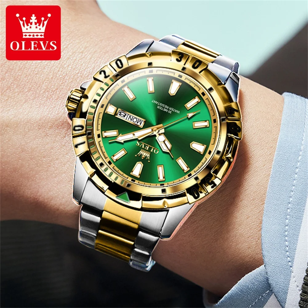 OLEVS Men\'s Watches Diver Style Classic Fashion Original Quartz Wristwatch for Man Date Week Display Waterproof Luminous Reloj