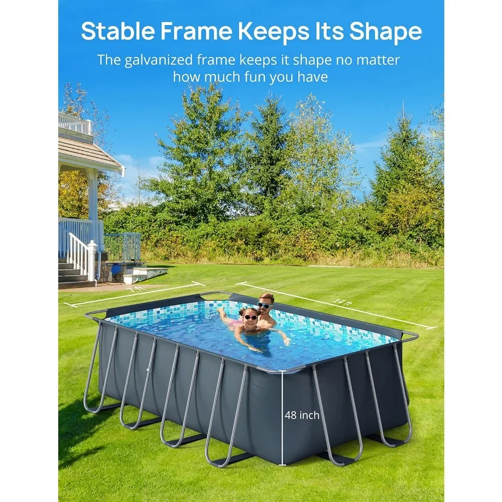 14ft x 7ft x 48in Metal Frame Swimming Pool Set for Families, Rectangular Above Ground Pool Set with Cartridge Filter Pump, Blue