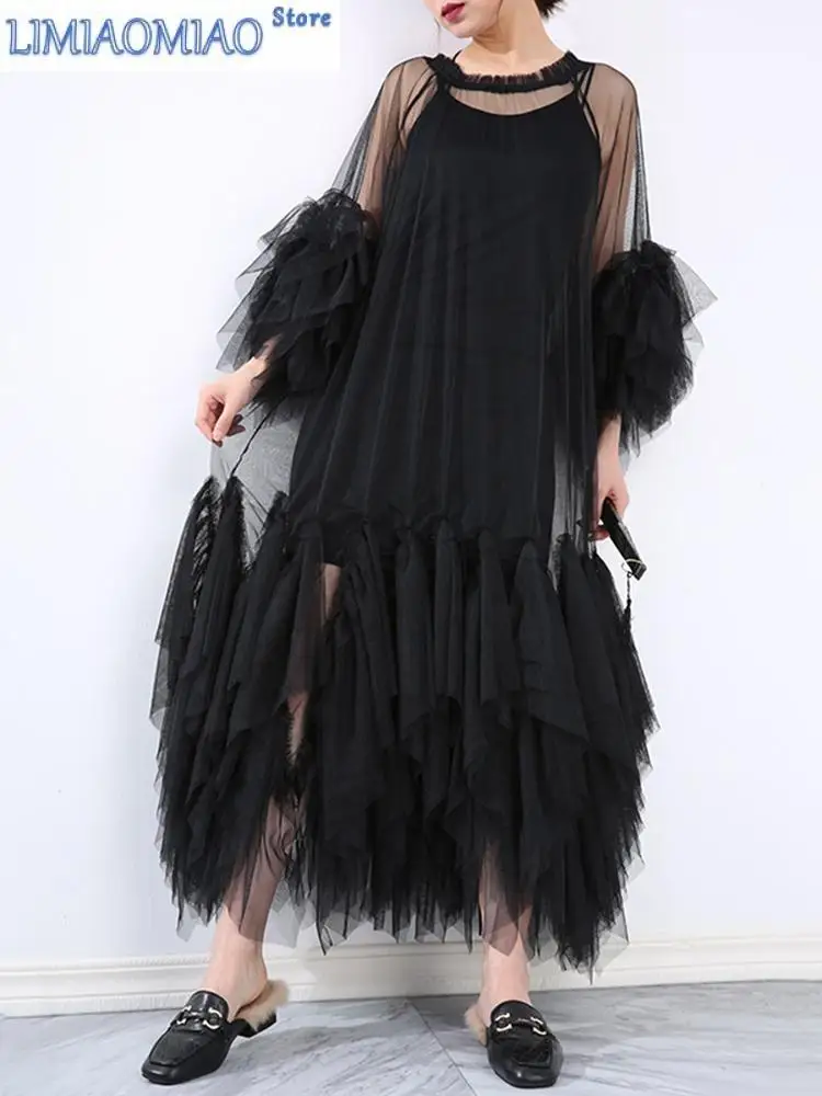 

New Women Black Ruffles Long Big Size Dress Round Neck Three-quarter Sleeve Loose Fit Fashion Spring Summer