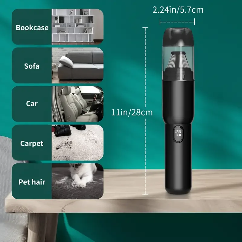 20KPA Handheld Car Vacuum Cleaner Cordless Portable Vacuum Powerful Suction Vacuum with LED Light 2-in-1 Air Inflator Vac