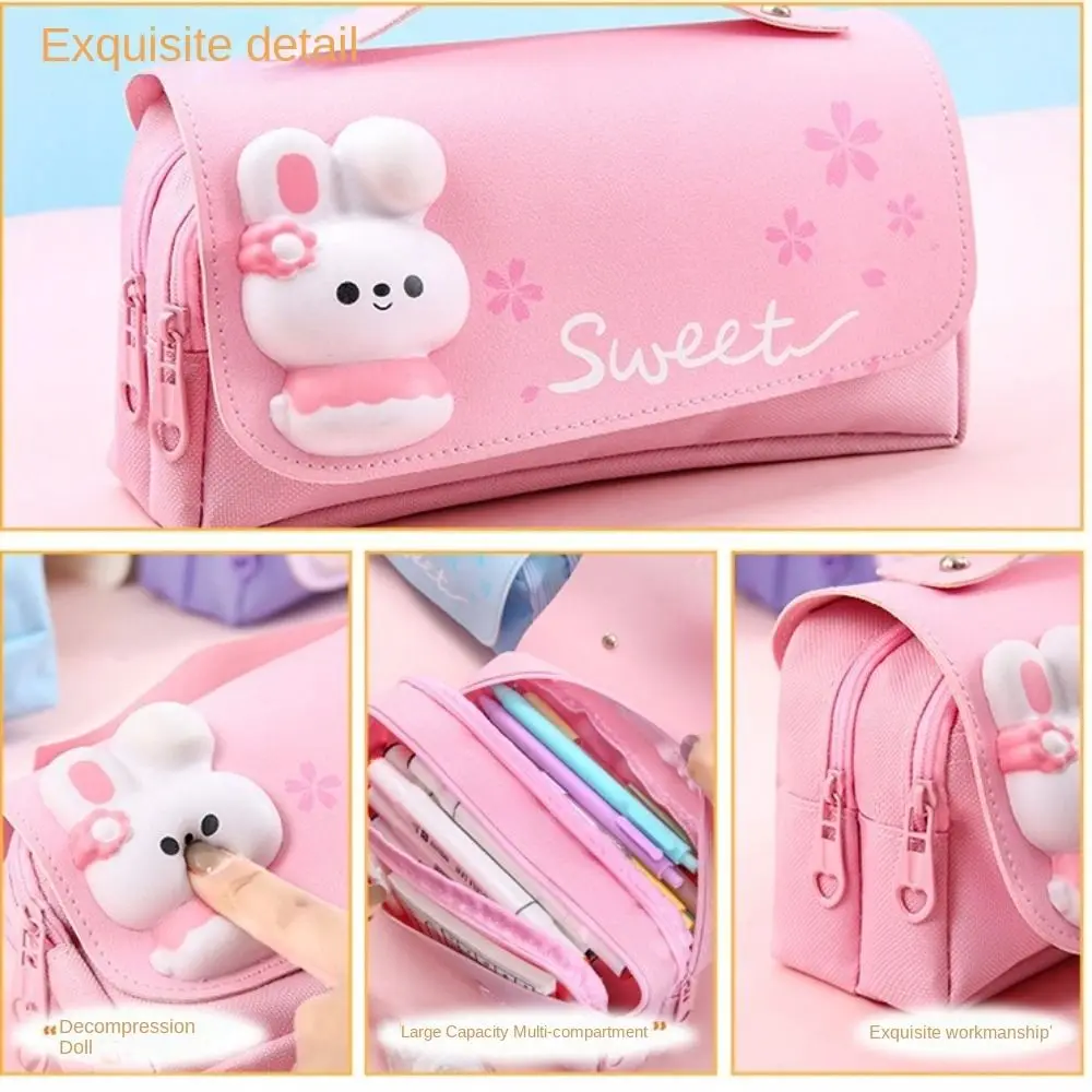 3D Multifunctional Cute Rabbit Pen Bag Large Capacity Double Layer School Pouch Cartoon Sweet Decompression Pencil Case