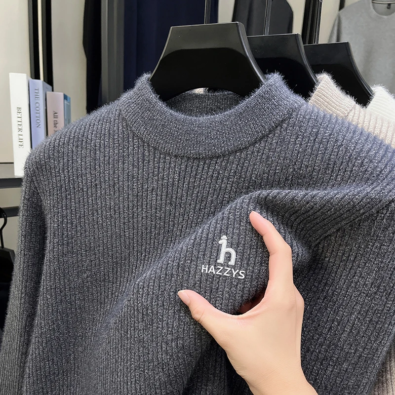 Sweater Rajut Pria Kasual Hangat Motif Bordir Kerah Bulat Gaya Mewah Ringan Musim Gugur dan Musim Dingin 2025