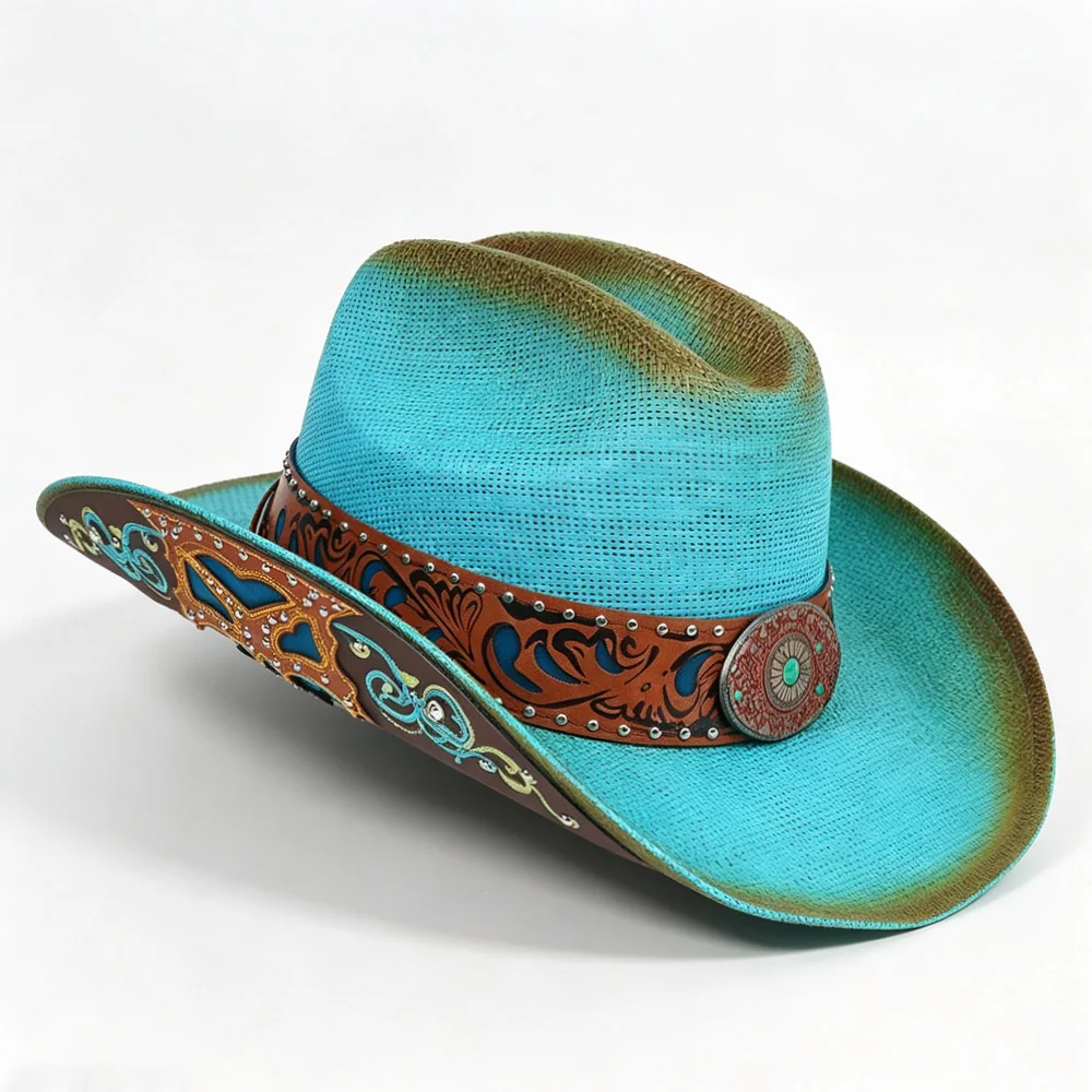 Sombrero de vaquero occidental con acabado envejecido, banda de cuero turquesa pintada a mano, gorro Fedora de paja, para mujer y hombre, estilo retro, ideal para rodeos, eventos y fiestas, y como sombrero para protegerse del sol.
