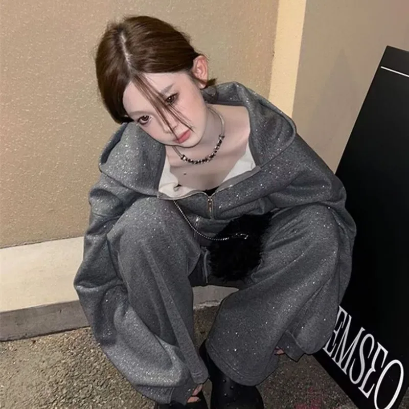 Women Autumn Winter Shimmer Hoodie Tracksuit Loose Casual Dark Grey Zip Up Sweatshirt Two Piece Leisure Outfit view 3