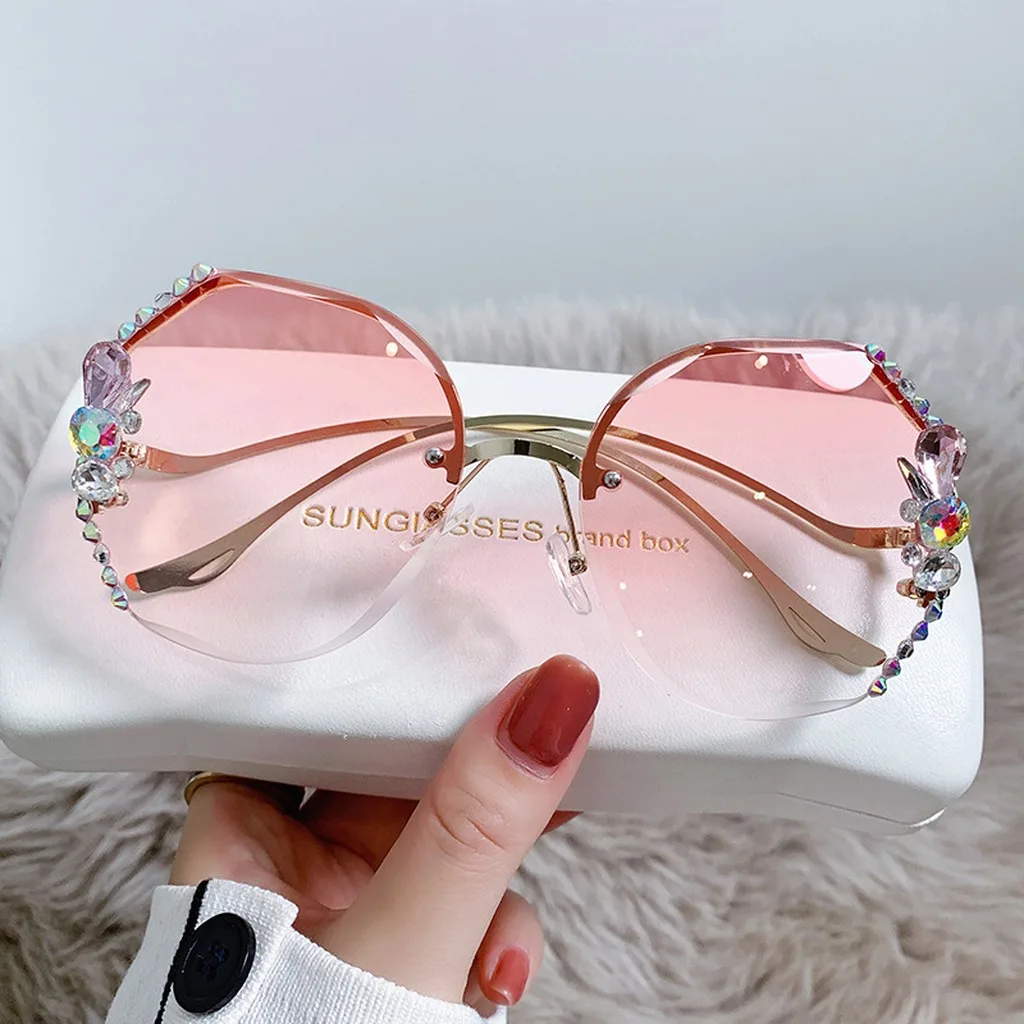 KLASSNUM Women Sunglasses Metal Uv400 Sun glasses Fashion Shades Sparkling Half-Rim Eyeglasses For Stage Performance Outdoor