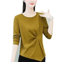 2024 New Spring and Autumn Korean Edition Minimalist Versatile Long Sleeved Slim Fit Round Neck Irregular Women's T-shirt Top