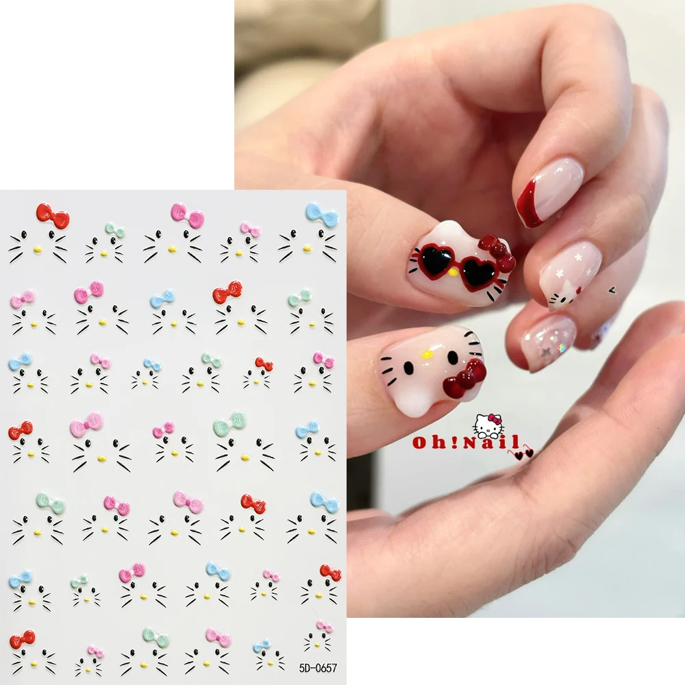 2 uds 5D pegatinas para decoración de uñas con cara de gatito rosa lindo pentagrama con lazo cara sonriente feliz KT calcomanías para uñas DIY decoración de manicura dulce de Corea