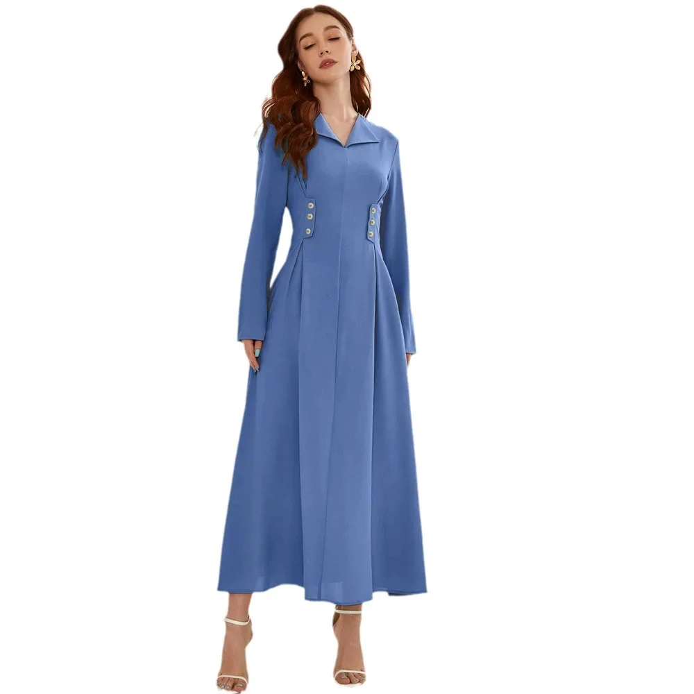 Women Eid Muslim Dresses Morocco Jalabiya V Neck Pearls Dubai Long Robe Party Dress Vestidos Solid Elegant High Waist Kaftan