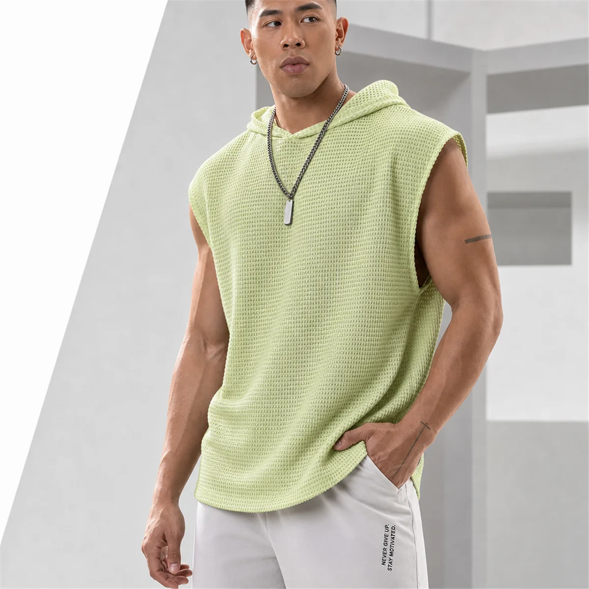 Tactical Vest Man Hooded Sleeveless Jacket Tank Tops 2026 Summer Tops Men Solid Color Waffle Plaid Vest Waistcoat Sportwear