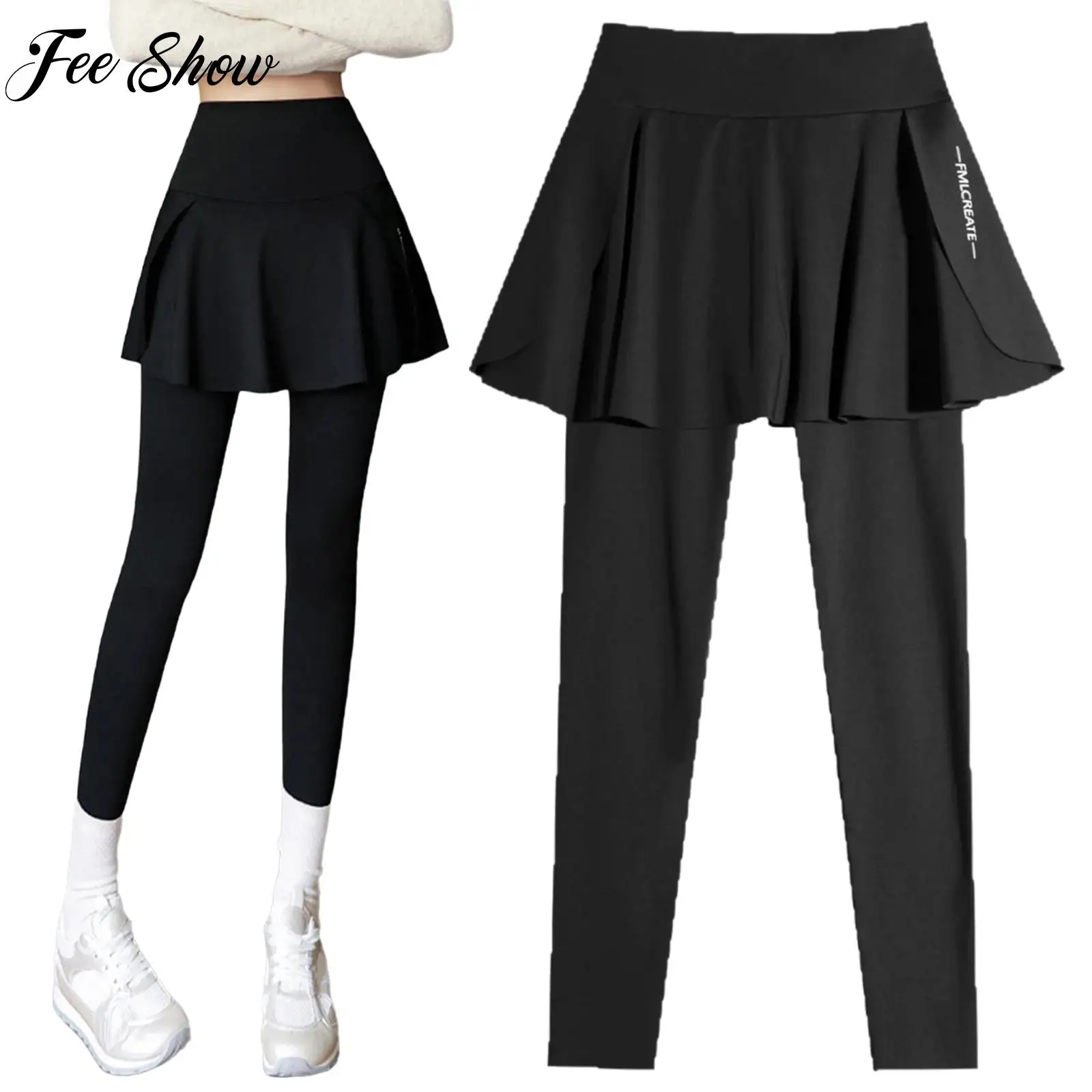 Women Split Pantskirt High Waist Elastic Waist Athletic Skirted Leggings for Tennis Yoga Sports Running Hiking Cycling Workout