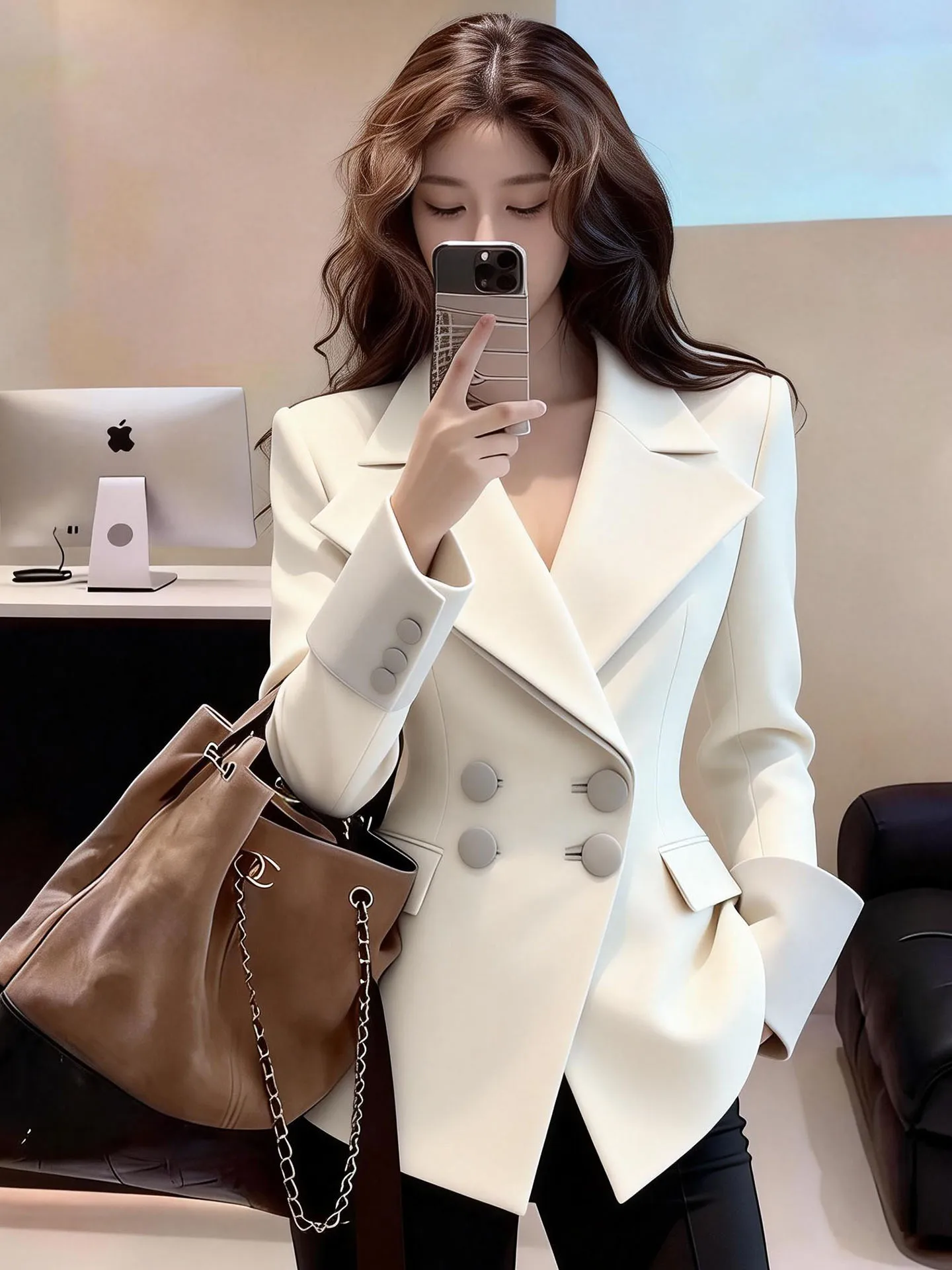 

Ele White Double-Breasted Suit Jaet Women's Businwear Slim Fit Waist-Cinching Long Sve Spring 2026 New Arrival
