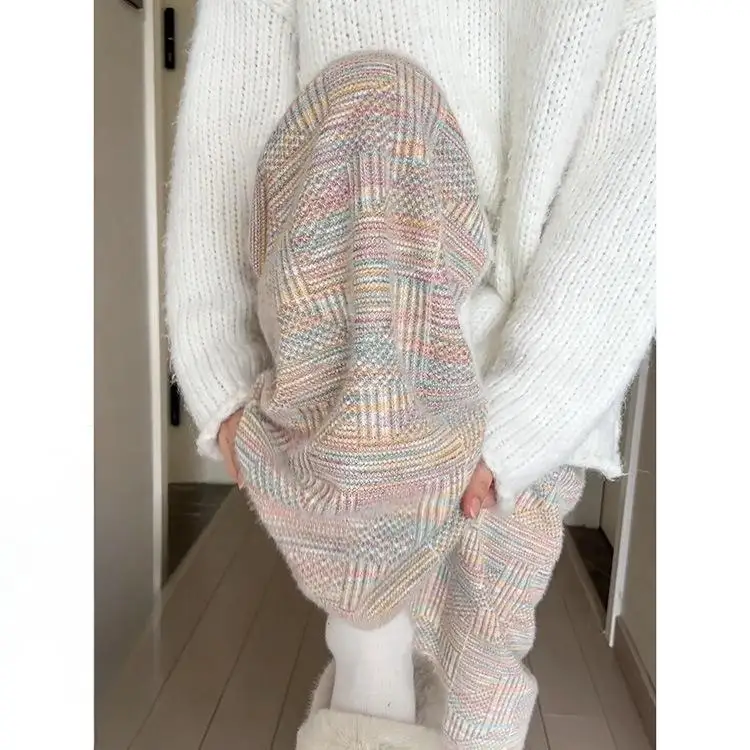 بنطال ذو قصة أرجل واسعة أداء المرأة الخريف فحص مطوي سيدة أنيقة محبوك تنقش عمودي العطاء مكتب مريح عصري