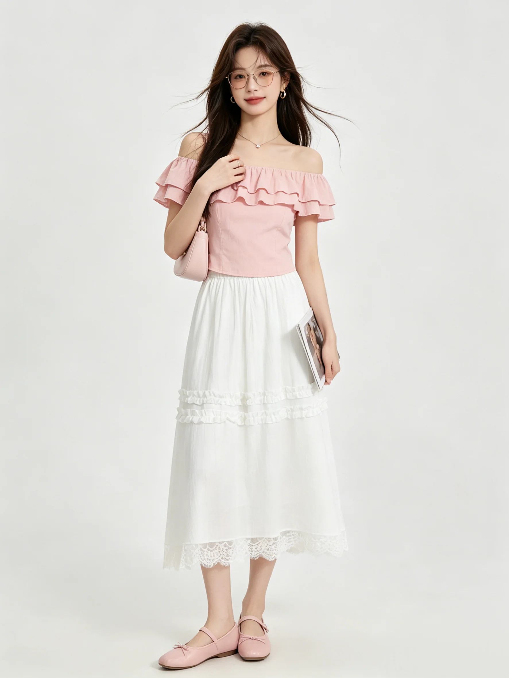 

Lace Trim A-Line Skirt High Waist Breathable Skin-Friendly Summer Midi Skirt Women's Gentle Breeze Floral Print
