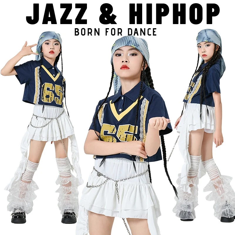 

Children Hip Hop Dance Costumes For Girls Group Polo Collar Short Top White Ribbon Skirt Suit Jazz Performance Clothes DQS19788