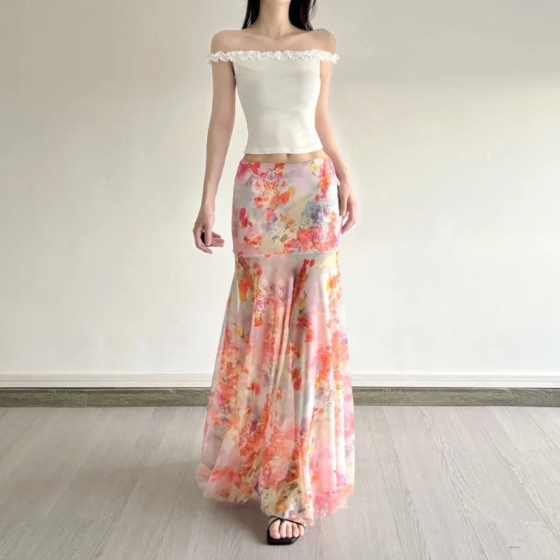 

Красочная картина маслом с цветочным принтом, сетчатая юбка, длинная юбка «Рыбий хвост» для отдыха на море, горячая девушка