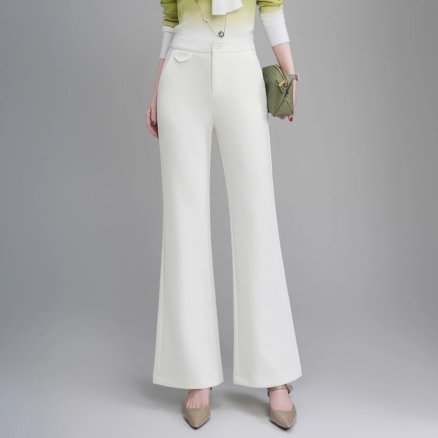 

Брюки-клеш с высокой талией для женщин: модные повседневные брюки для коррекции фигуры, скрывающие бедра, новинка весенней коллекции, брюки для женщин среднего возраста