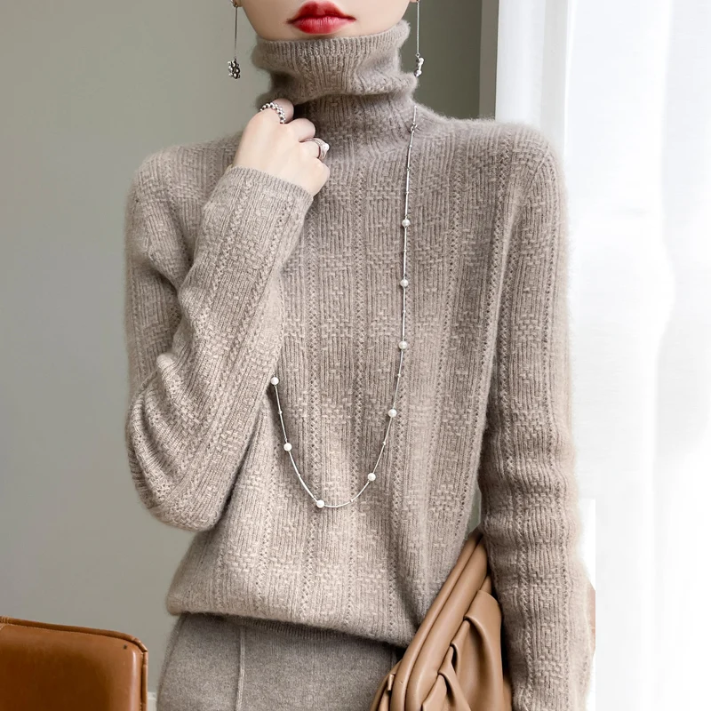 

100% pure wool cashmere sweater women's high neck pullover casual knitted long sleeved top autumn and winter Korean version