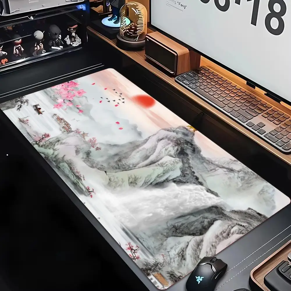 Chinese Ink Wash Mountain Landscape XXL Deskmat Non-Slip Rubber Mouse Pad Boat Cranes Waterfall Bamboo Pc Gamer Gaming Mats