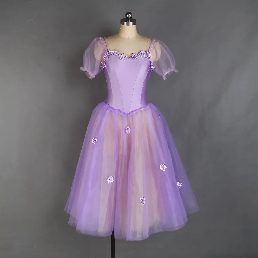 20531 Puff Sleeves Long Romantic Ballet Dance Tutu Purple Spandex Bodice Leotard Dress Gilrs and Women Ballerina Dance Costumes