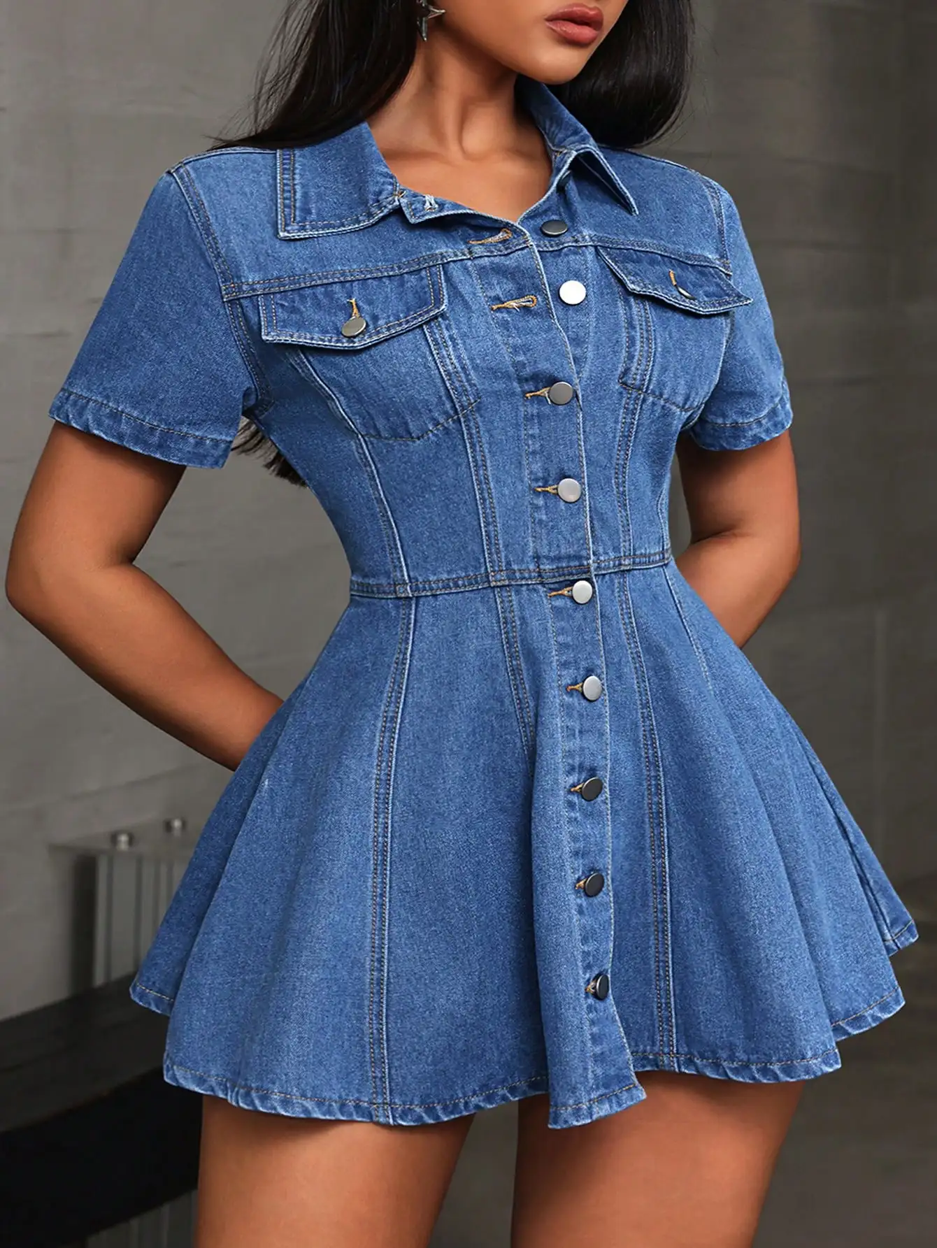 

Women's Short Sleeve Single-Breasted Casual Denim A-Line Dress