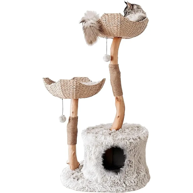 Modern Cat Tree Tower for Large Cats, Real Branch Luxury Cat Condo, Wood Cat Tower, Cat Scratching Tree, Cat Condo