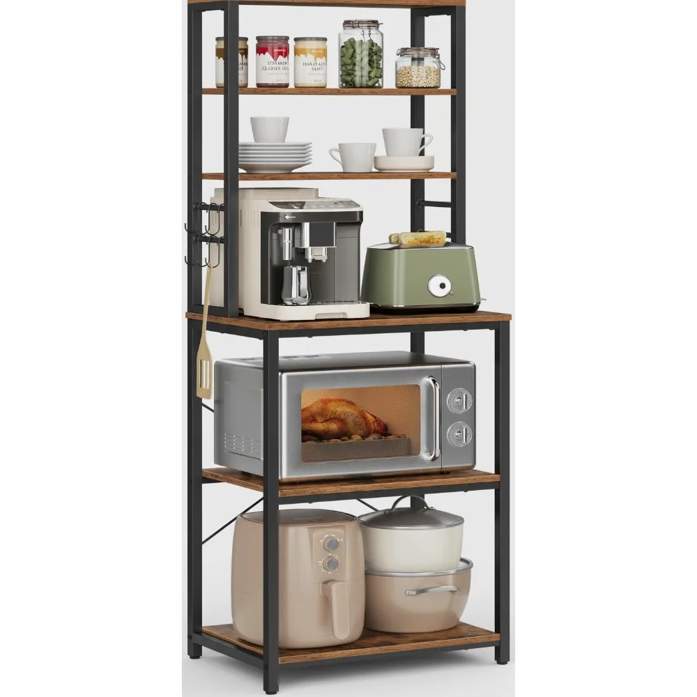 

6-Tier Industrial Kitchen Shelves with Storage & Hooks, Microwave Stand for Small Spaces, Rustic Brown