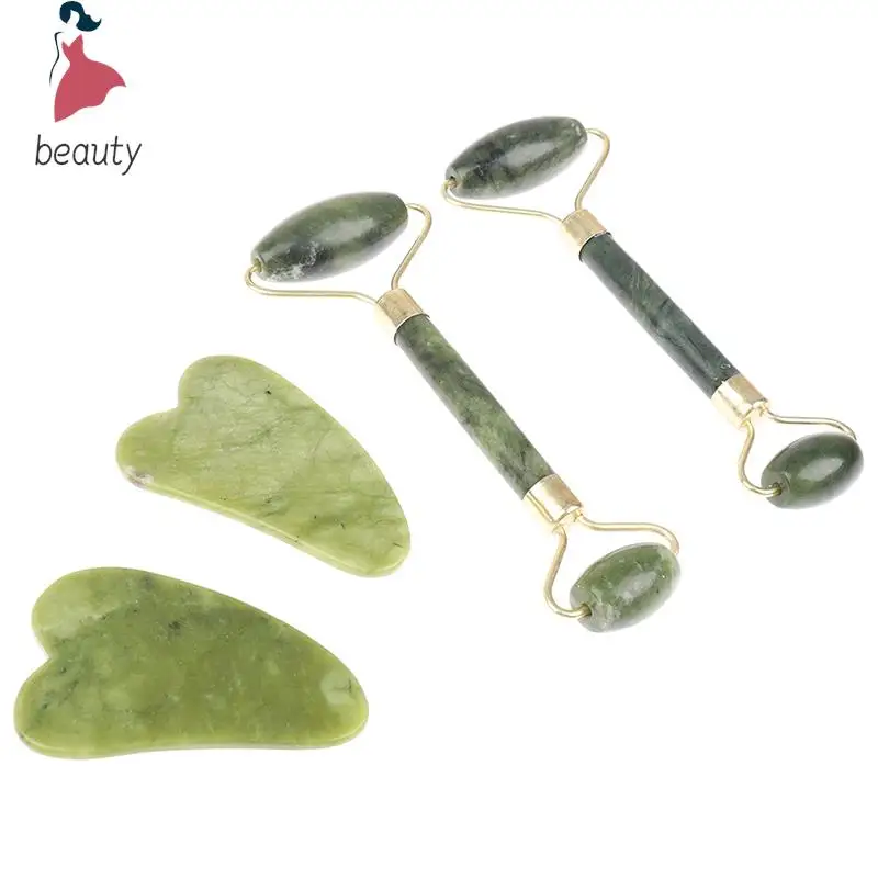 Natural Gua sha Jade Stone Massage Roller + Guasha Board SPA Scraper StoneAcupoint Face Eye Care SPA Massage Tool Set