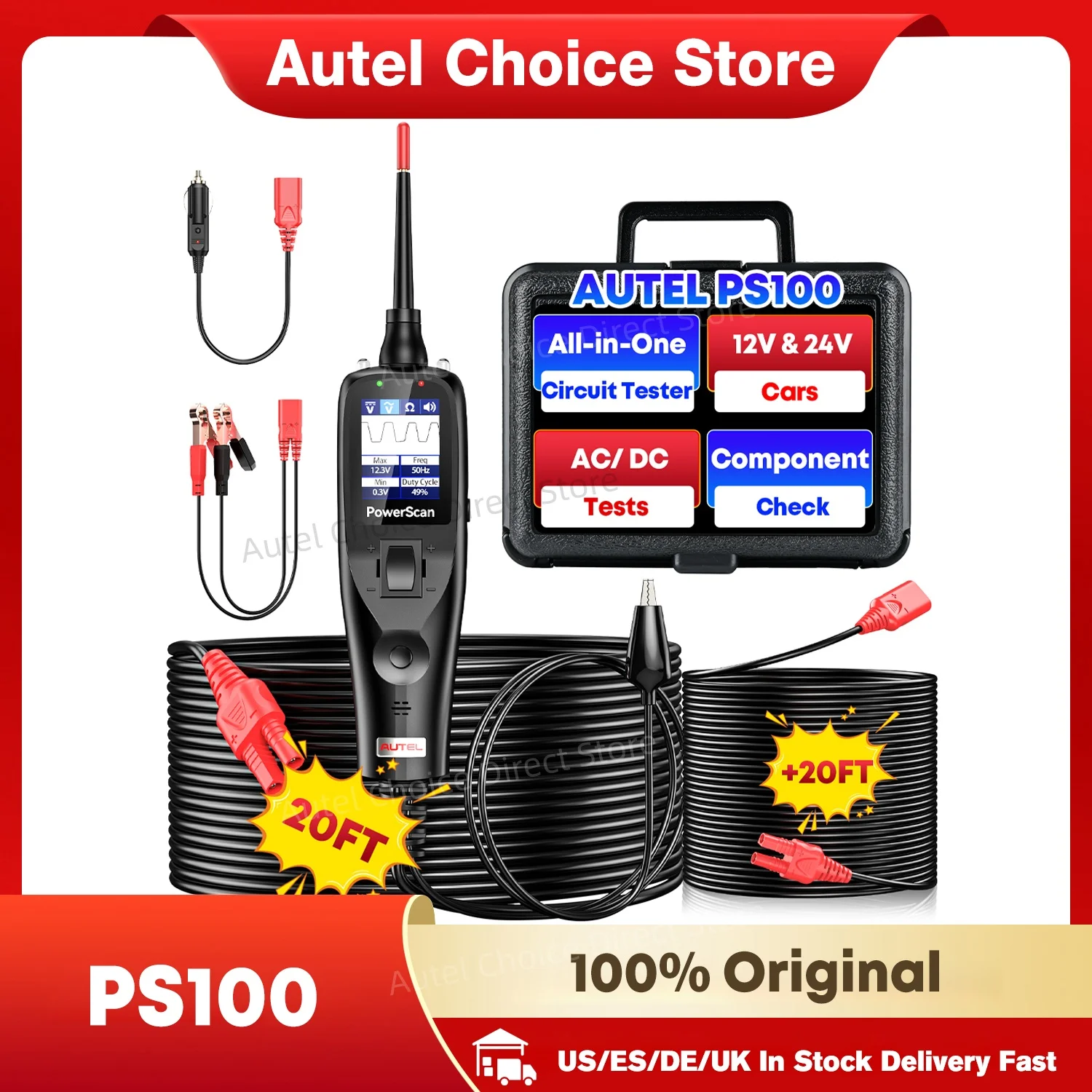 

Autel PowerScan PS100 Car Electrical Circuit AVOmeter Tester 12V/24V Power Probe Kit Automotive System Battery Diagnostic Tool
