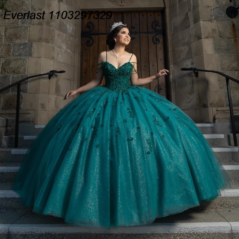 EVLAST Personalizzato Verde Smeraldo Abito Quinceanera Abito di Sfera Applique Floreale In Rilievo Con Mantello Dolce 16 Abiti Da 15 Años TQD878