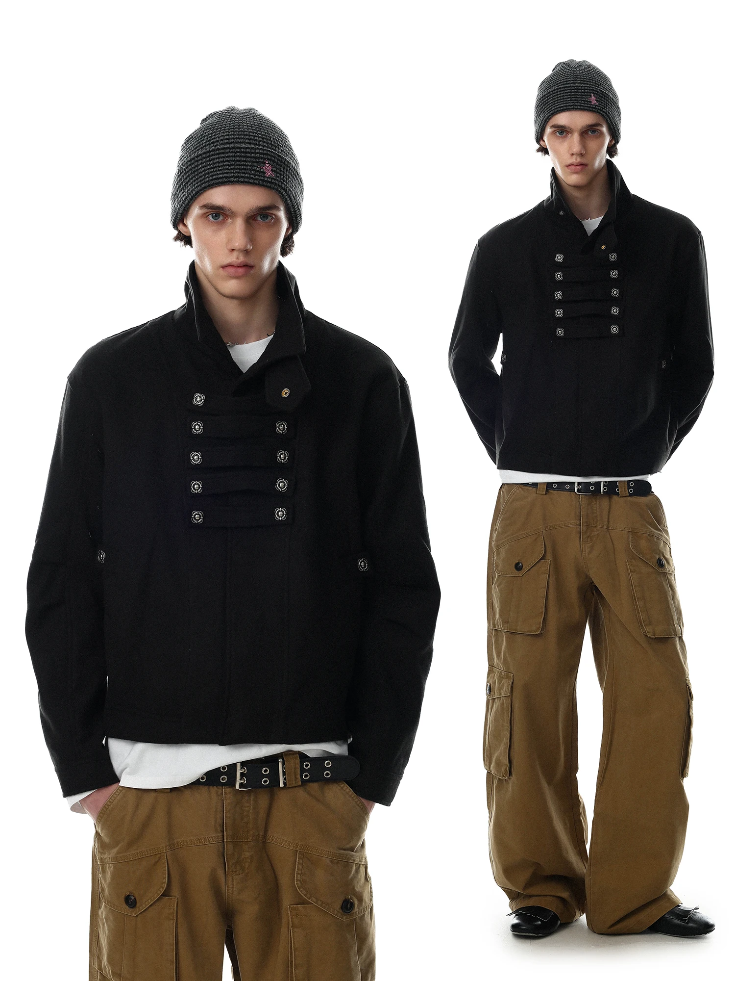 American Style Loose Fit Button up Stand Collar Short Jacket Men's Trendy Brand MR NEARLY Polyester Viscose Blend Jacket