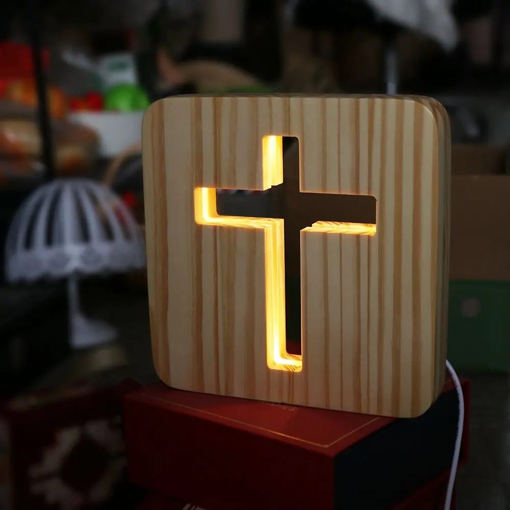 

3D LED деревянный ночник-крест, USB, оригинальный, христианский, с изображением распятия, поделки, деревянные настольные лампы, декор для кофейни