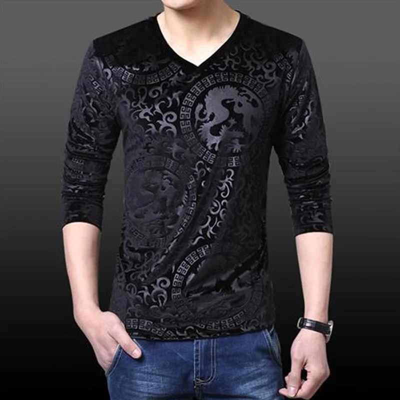 Spring Autumn Print Slim Plus Size Men's T Shirt Tops Long Sleeve V Neck All-match Trend Pullovers Fashion Casual Men Clothing