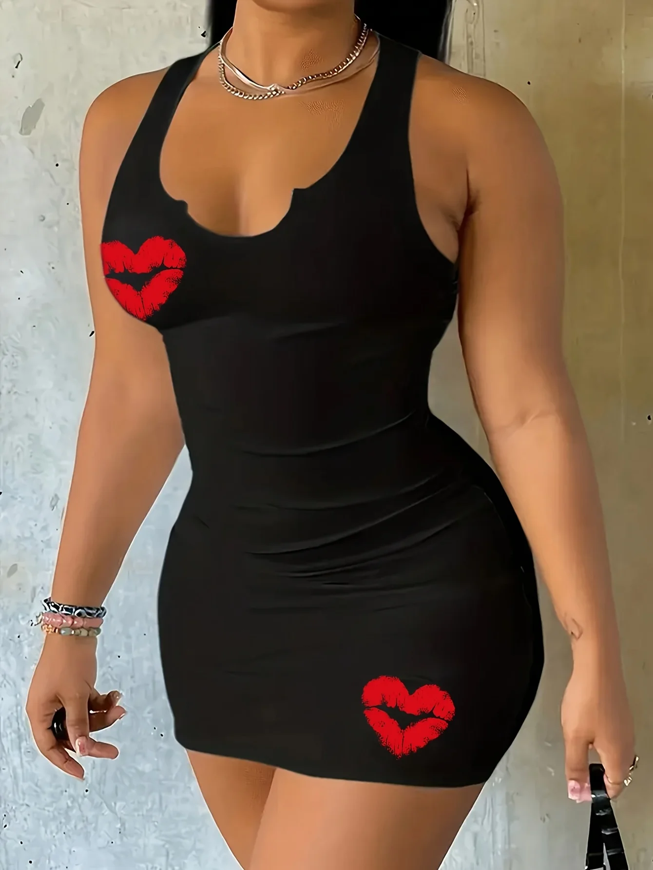2026 Lässige und Modische Damenbekleidung - Rundhals Einfarbiges Sexy Lippen-Print Ärmelloses Figurbetontes Kleid Kurzer Rock – Detail 5