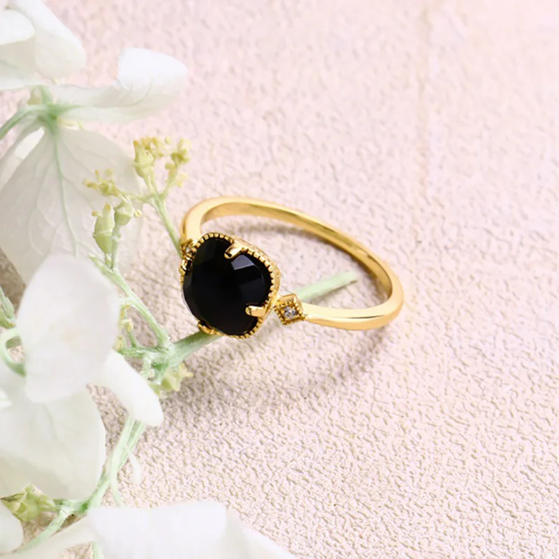 Foxanry Gold Color Black Zircon Rings For Women Couples Minimalist Fashion Classic Elegant Vintage Engagement Jewelry Gifts