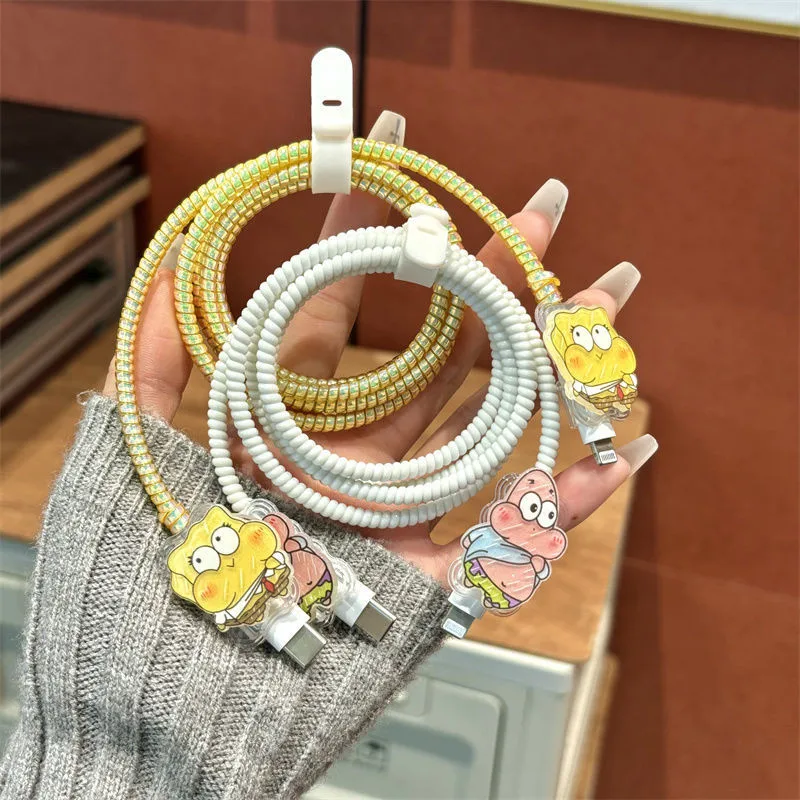 Cable Charger Protector Case for iPhone 15 14 13 16 20W Charger Protection Cover Cartoon SpongeBob Cord Winder Spiral Protective