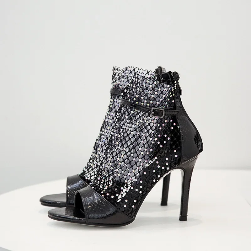 Glitter Rhinestone Mesh Ankle Sandals Boots High Heels Sexy Booties Peep-toe Pumps Lady Party Shoes