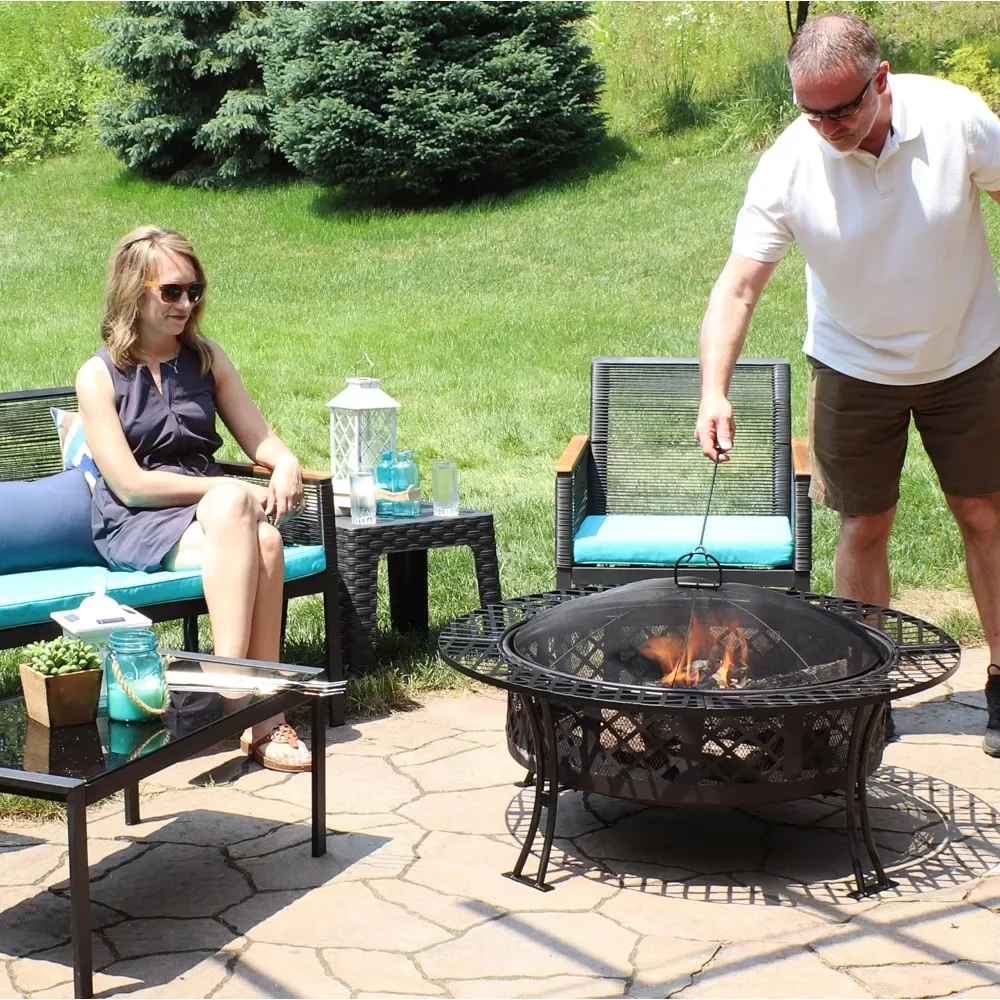 40-Inch Round Steel Fire Pit Table with Durable Spark Screen and Poker  Portable Design  Black  Diamond Weave