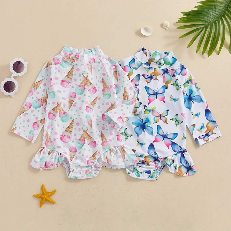 2024-03-26 Lioraitiin Little Girls Summer Swimwear Beachwear Long Sleeve High Neck Zip Up Floral Bathing Suit