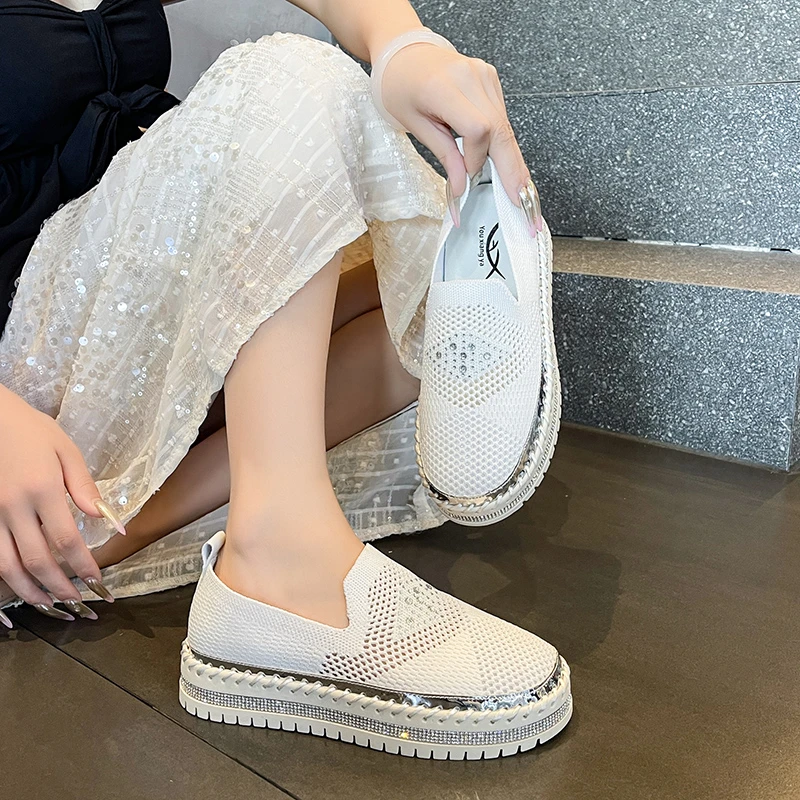 موضة الماس مزين حذاء مسطح المرأة 2025 جديد الخريف جوفاء تنفس منصة عادية أحذية بكعب منخفض Zapatillas #5