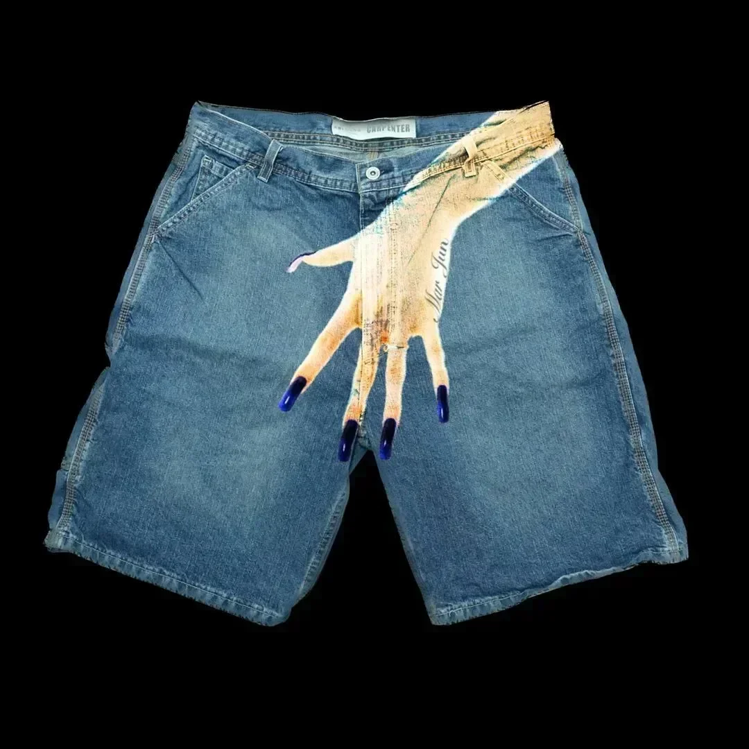 2024 Amerikaanse Y 2K Hip-Hop Stijl Grappige Trend Palm Patroon Denim Shorts High Street Knappe Rechte Joker Paar Casual Broek