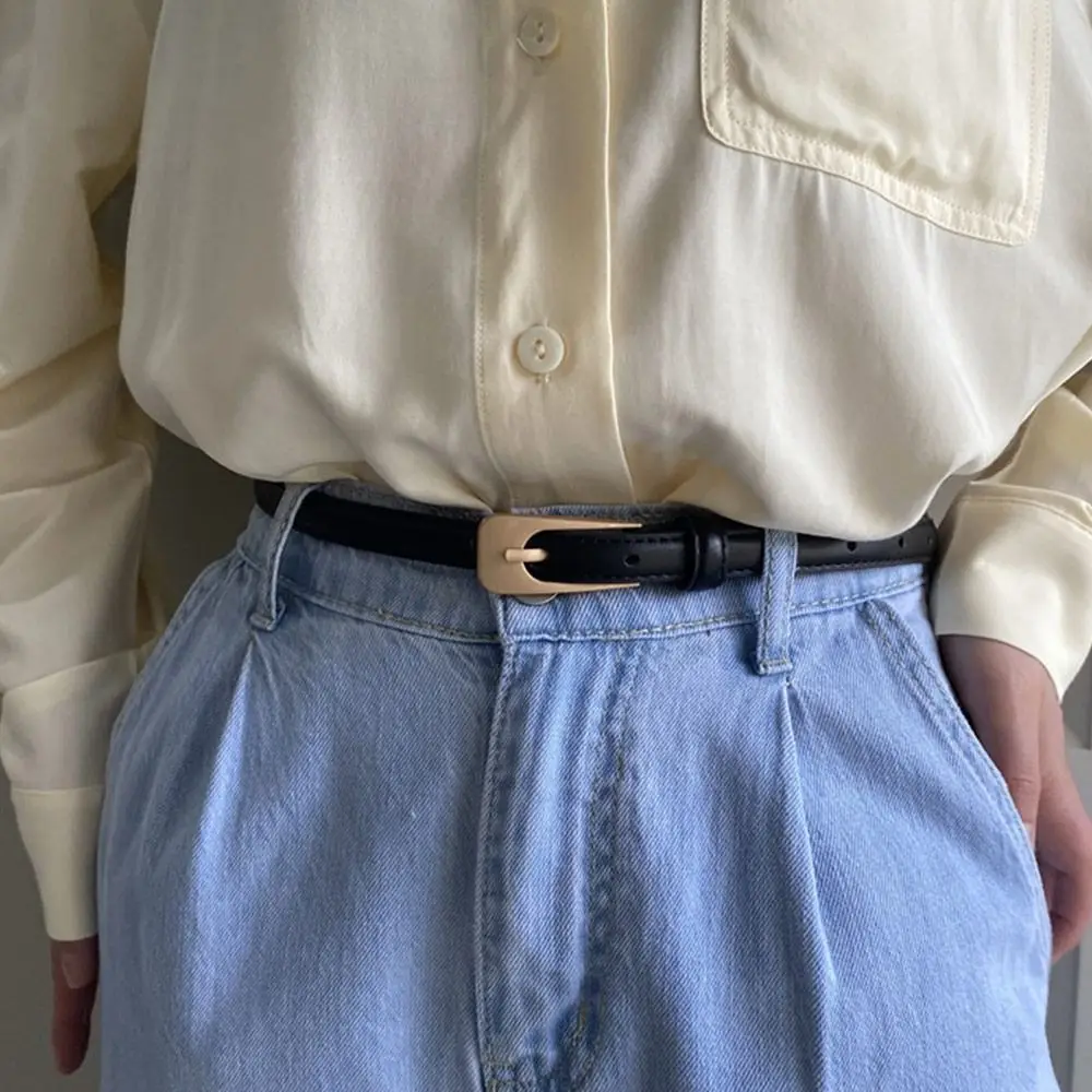 

Luxury Design Vintage Casual Thin Waist Strap Metal Buckle Waistband Trouser Dress Belts Leather Belt