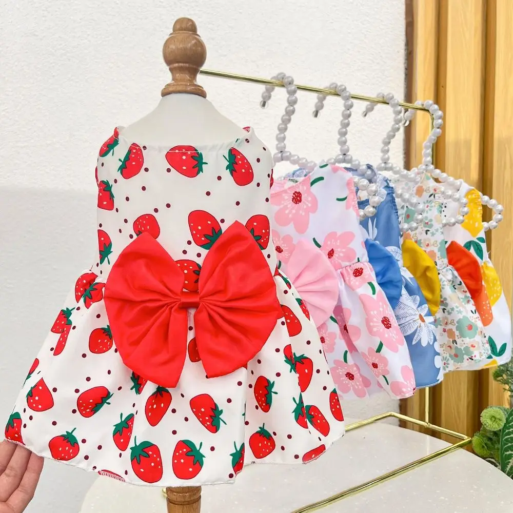 通気性のある花柄プリント猫犬用ドレス XS-XXL キュートな子犬用プリンセススカート 蝶々スカート 蝶結びペットスカート 子猫用 1
